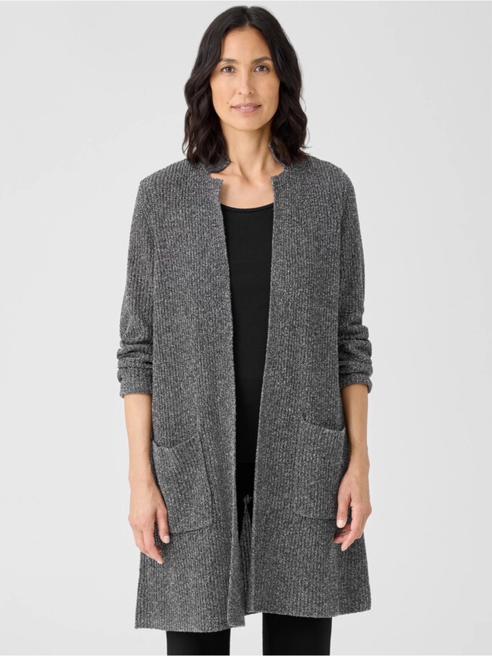 Eileen Fisher Silk  Charcoal Gray Long Open-Front Ribbed Cardigan 2x